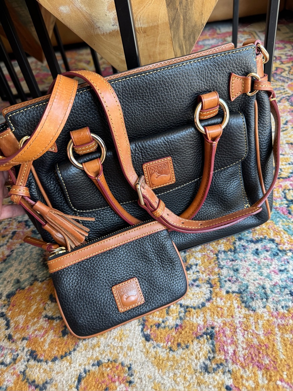 Dooney & Bourke Black Pebbled Leather Satchel with Tan Trim and Gold Hardware